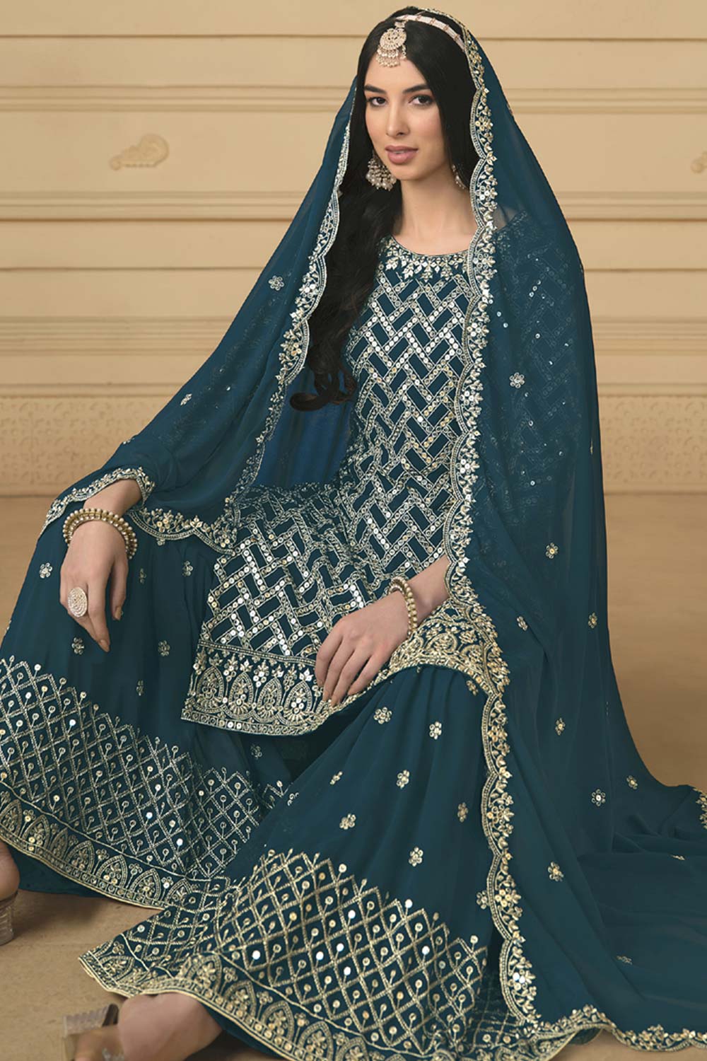 Teal Georgette Embroidered Full Sleeve Round Neck Pakistani Salwar Kameez