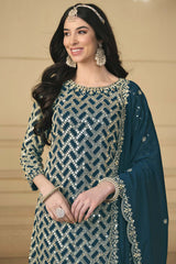 Teal Georgette Embroidered Full Sleeve Round Neck Pakistani Salwar Kameez