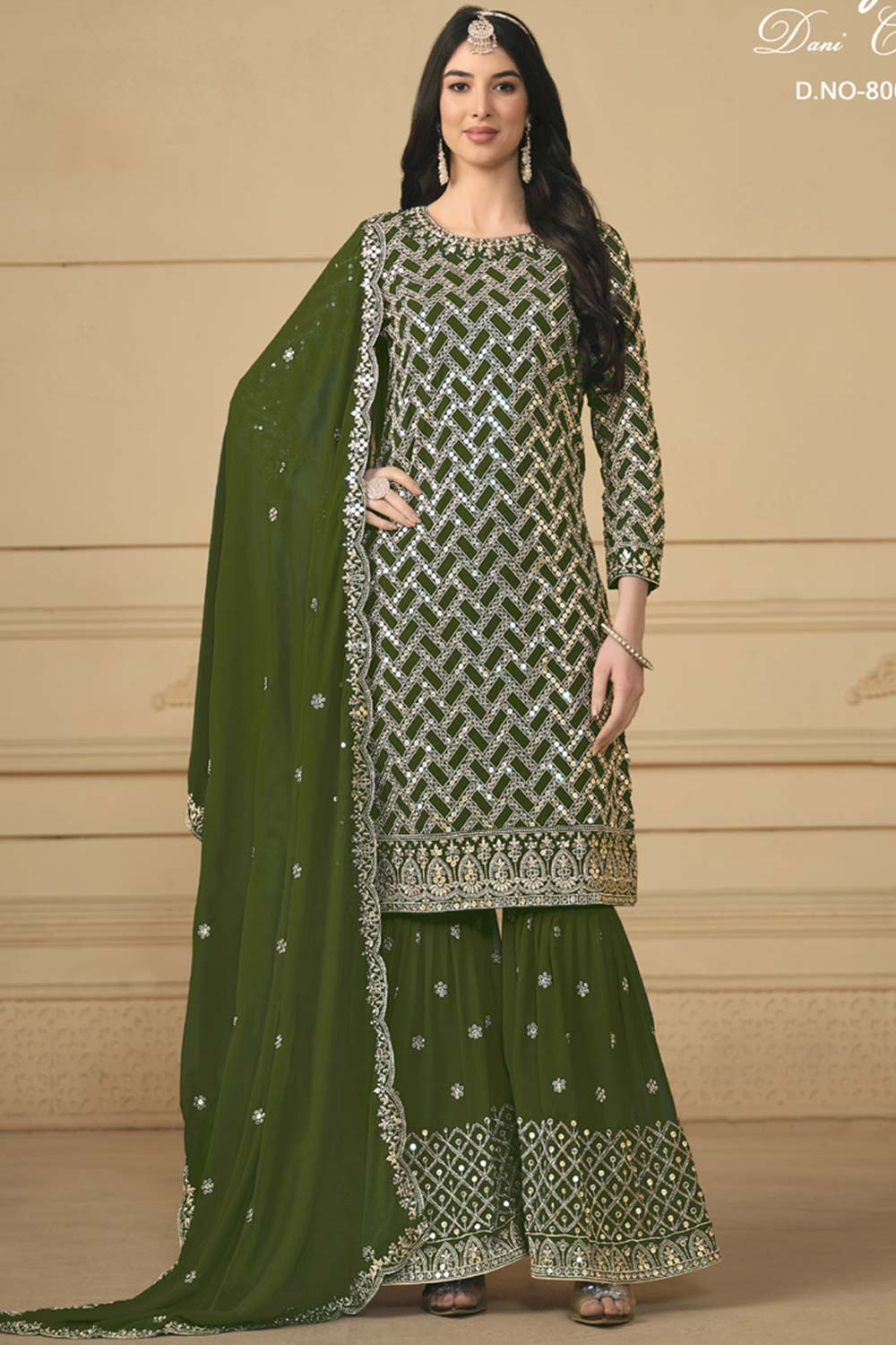 Mehendi Georgette Embroidered Full Sleeve Round Neck Pakistani Salwar Kameez