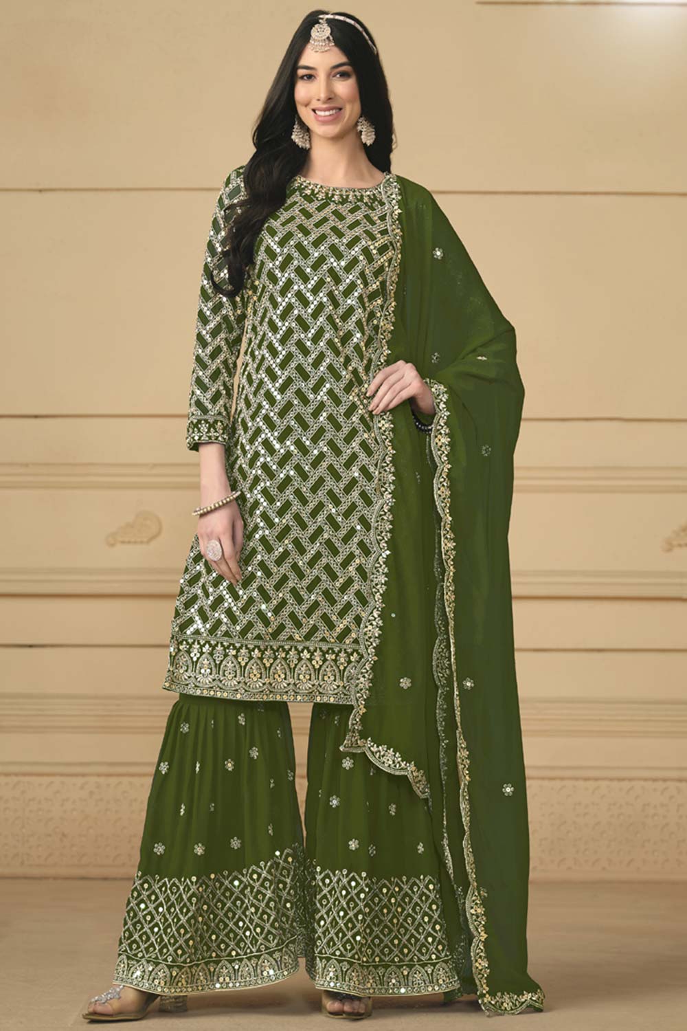 Mehendi Georgette Embroidered Full Sleeve Round Neck Pakistani Salwar Kameez