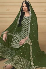 Mehendi Georgette Embroidered Full Sleeve Round Neck Pakistani Salwar Kameez