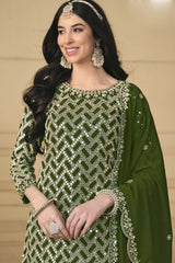 Mehendi Georgette Embroidered Full Sleeve Round Neck Pakistani Salwar Kameez