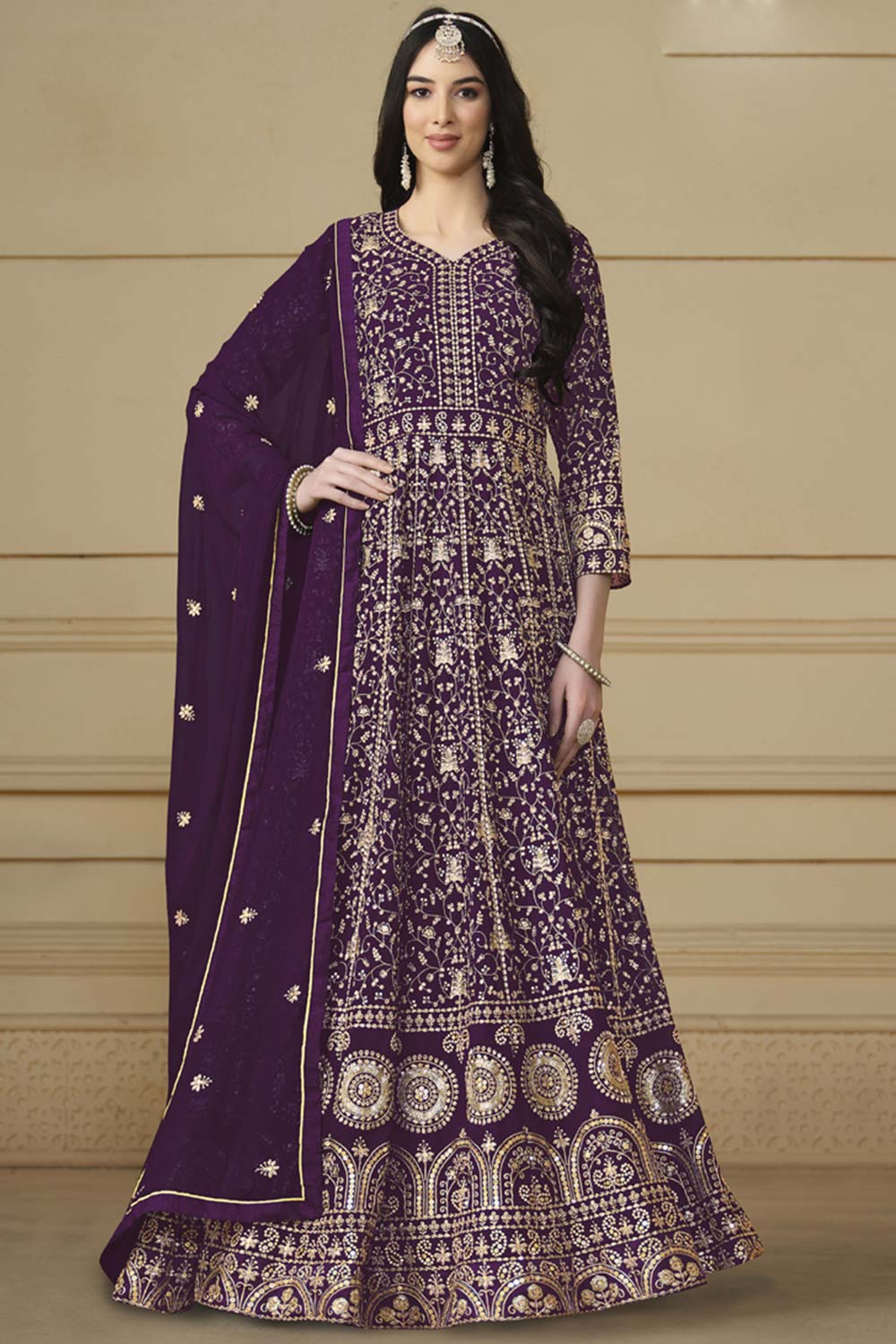 Violet Georgette Embroidered Full Sleeve V Neck Anarkali Salwar Kameez