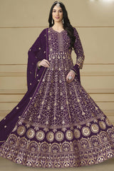 Violet Georgette Embroidered Full Sleeve V Neck Anarkali Salwar Kameez