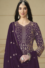 Violet Georgette Embroidered Full Sleeve V Neck Anarkali Salwar Kameez