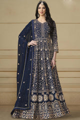 Navy-Blue Georgette Embroidered Full Sleeve V Neck Anarkali Salwar Kameez