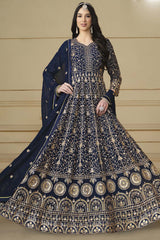 Navy-Blue Georgette Embroidered Full Sleeve V Neck Anarkali Salwar Kameez