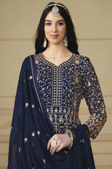 Navy-Blue Georgette Embroidered Full Sleeve V Neck Anarkali Salwar Kameez