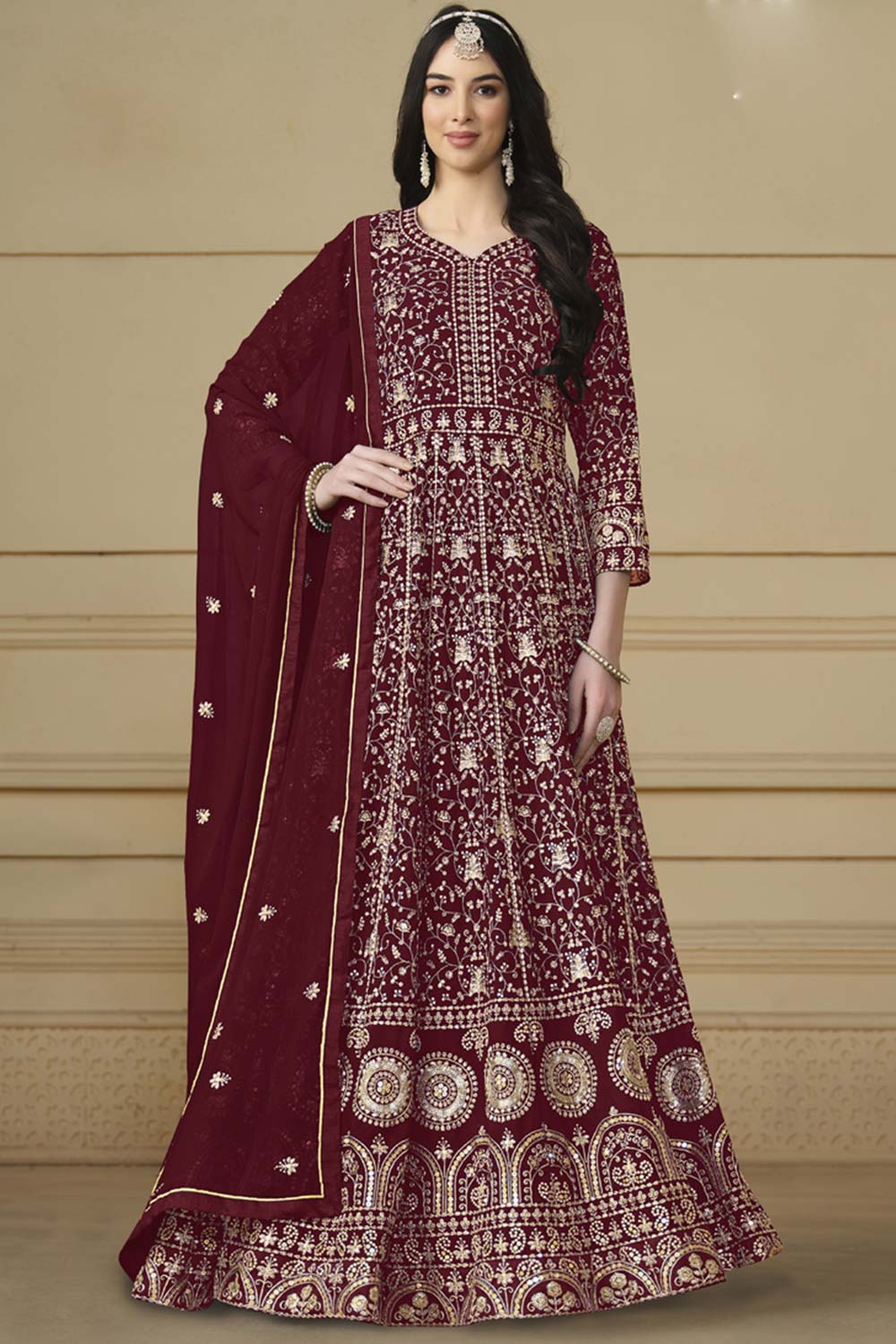 Maroon Georgette Embroidered Full Sleeve V Neck Anarkali Salwar Kameez