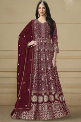 Maroon Georgette Embroidered Full Sleeve V Neck Anarkali Salwar Kameez