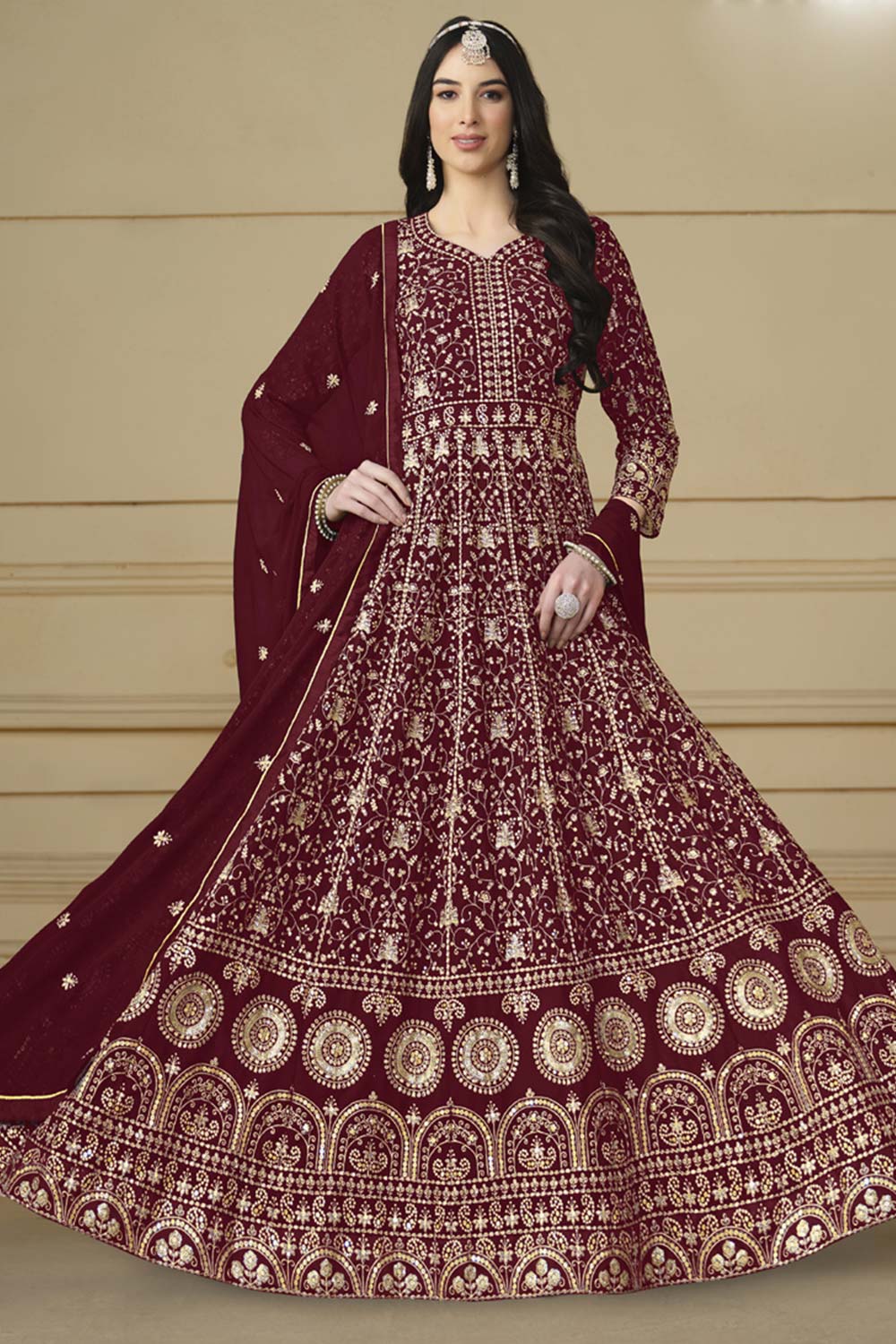 Maroon Georgette Embroidered Full Sleeve V Neck Anarkali Salwar Kameez