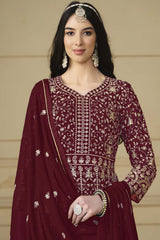 Maroon Georgette Embroidered Full Sleeve V Neck Anarkali Salwar Kameez