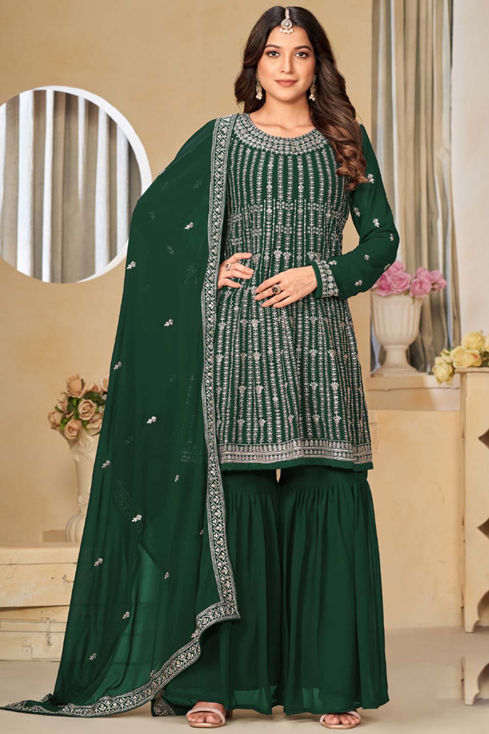 Green Georgette Embroidered Full Sleeve Round Neck Pakistani Salwar Kameez