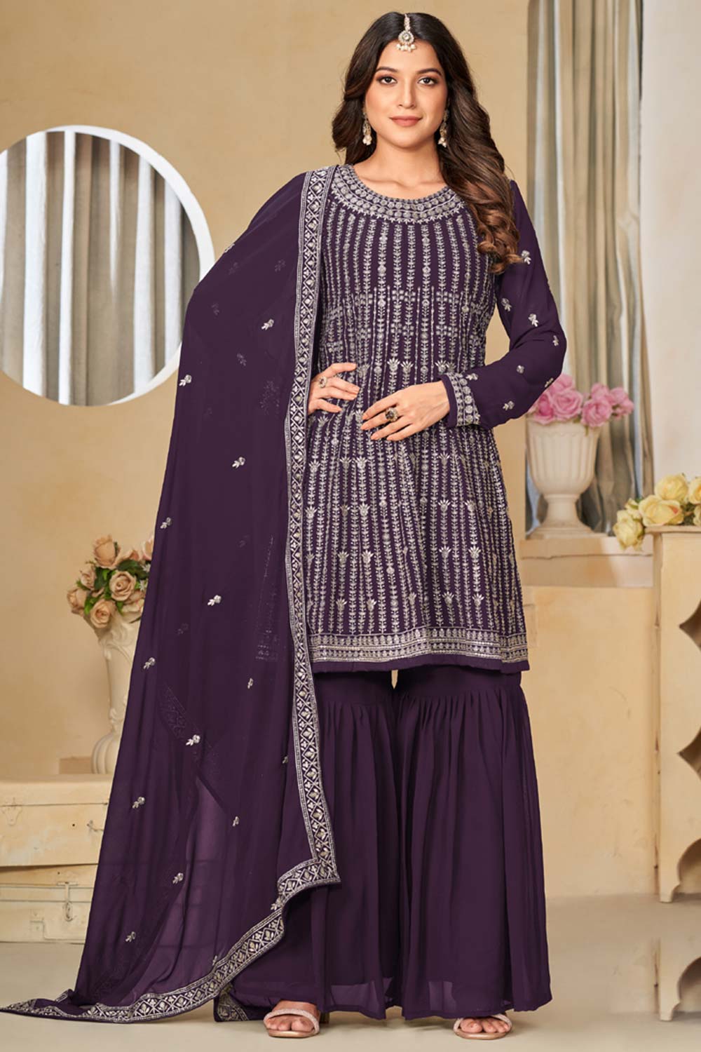 Violet Georgette Embroidered Full Sleeve Round Neck Pakistani Salwar Kameez