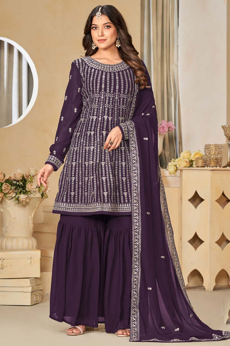 Violet Georgette Embroidered Full Sleeve Round Neck Pakistani Salwar Kameez