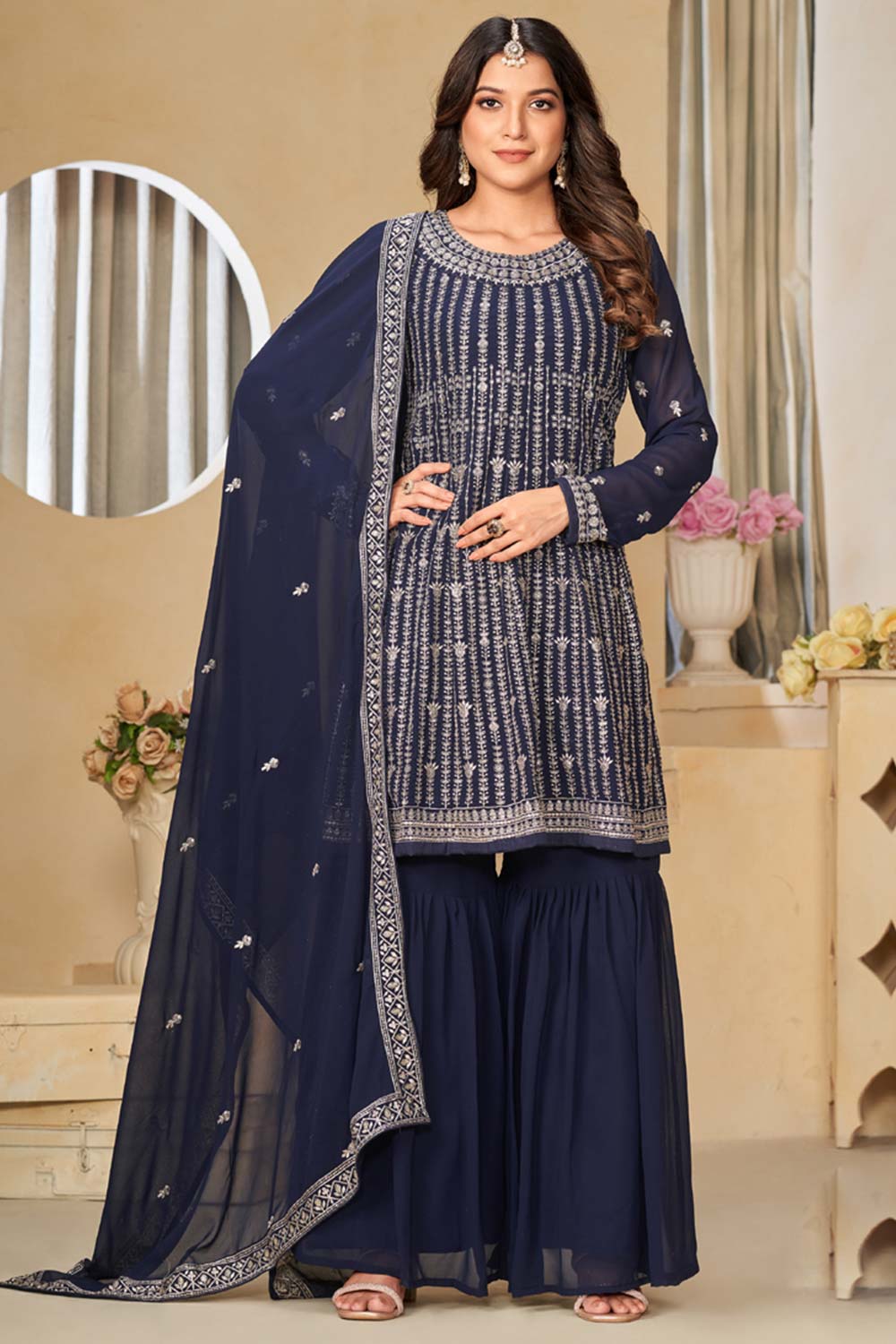 Navy-Blue Georgette Embroidered Full Sleeve Round Neck Pakistani Salwar Kameez