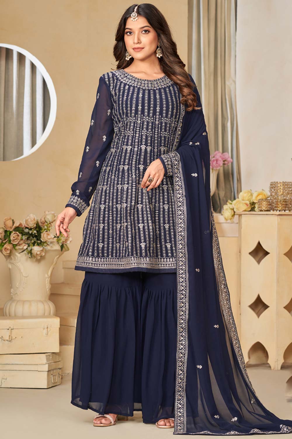 Navy-Blue Georgette Embroidered Full Sleeve Round Neck Pakistani Salwar Kameez