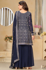 Navy-Blue Georgette Embroidered Full Sleeve Round Neck Pakistani Salwar Kameez