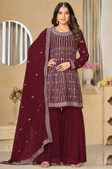 Maroon Georgette Embroidered Full Sleeve Round Neck Pakistani Salwar Kameez