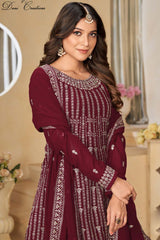 Maroon Georgette Embroidered Full Sleeve Round Neck Pakistani Salwar Kameez