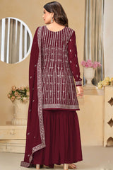 Maroon Georgette Embroidered Full Sleeve Round Neck Pakistani Salwar Kameez