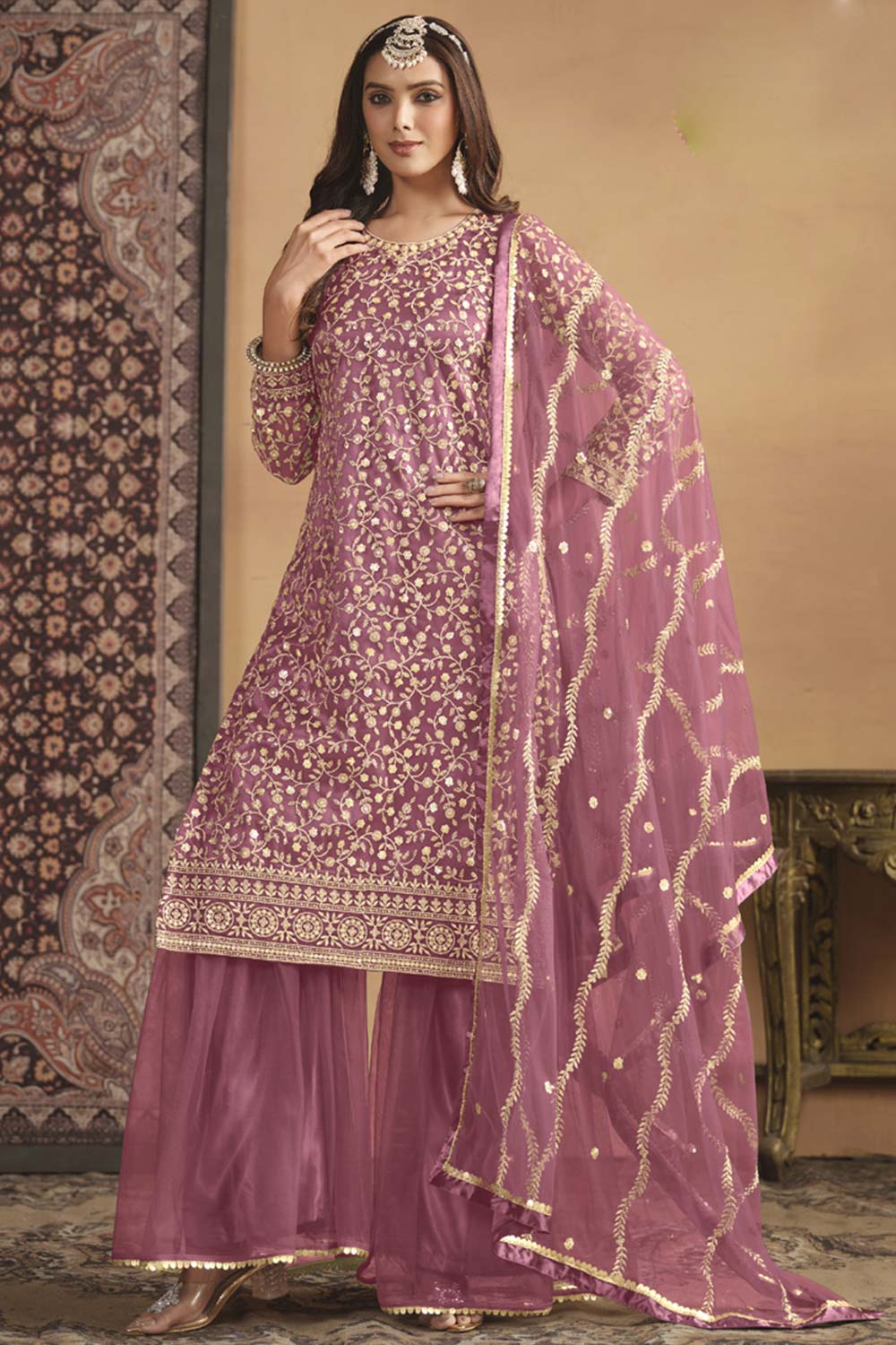 Onion-Pink Net Embroidered Full Sleeve Round Neck Pakistani Salwar Kameez