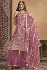 Onion-Pink Net Embroidered Full Sleeve Round Neck Pakistani Salwar Kameez