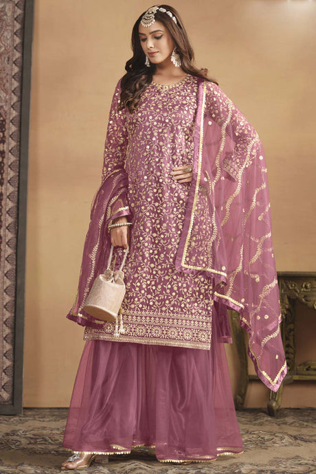 Onion-Pink Net Embroidered Full Sleeve Round Neck Pakistani Salwar Kameez