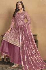 Onion-Pink Net Embroidered Full Sleeve Round Neck Pakistani Salwar Kameez