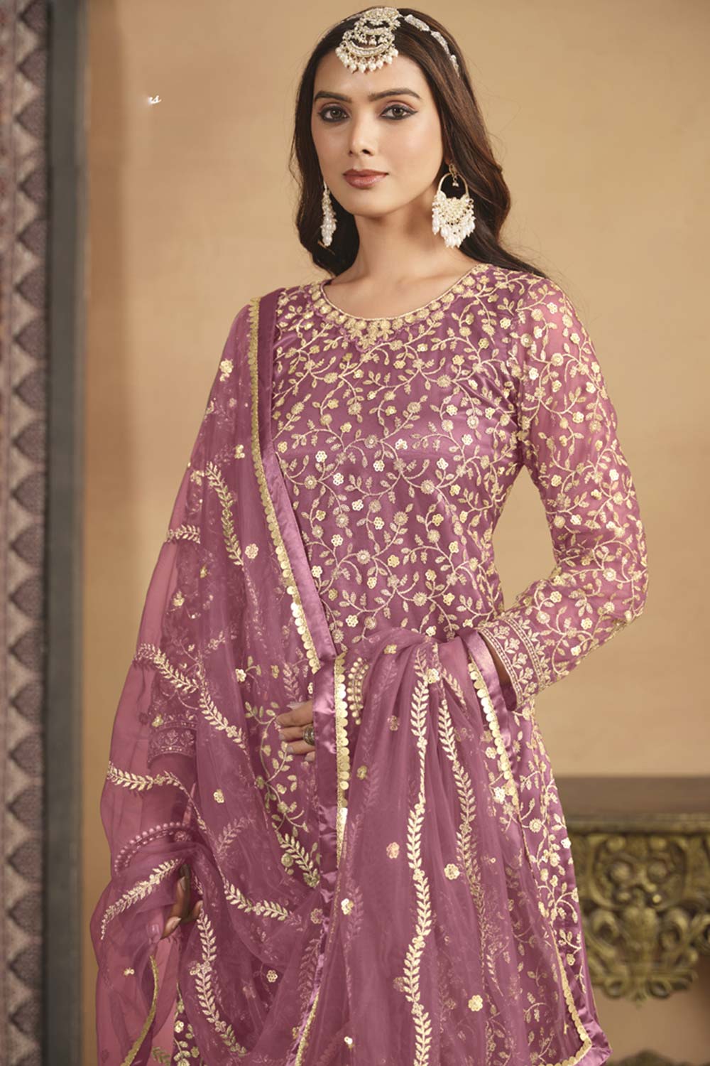 Onion-Pink Net Embroidered Full Sleeve Round Neck Pakistani Salwar Kameez