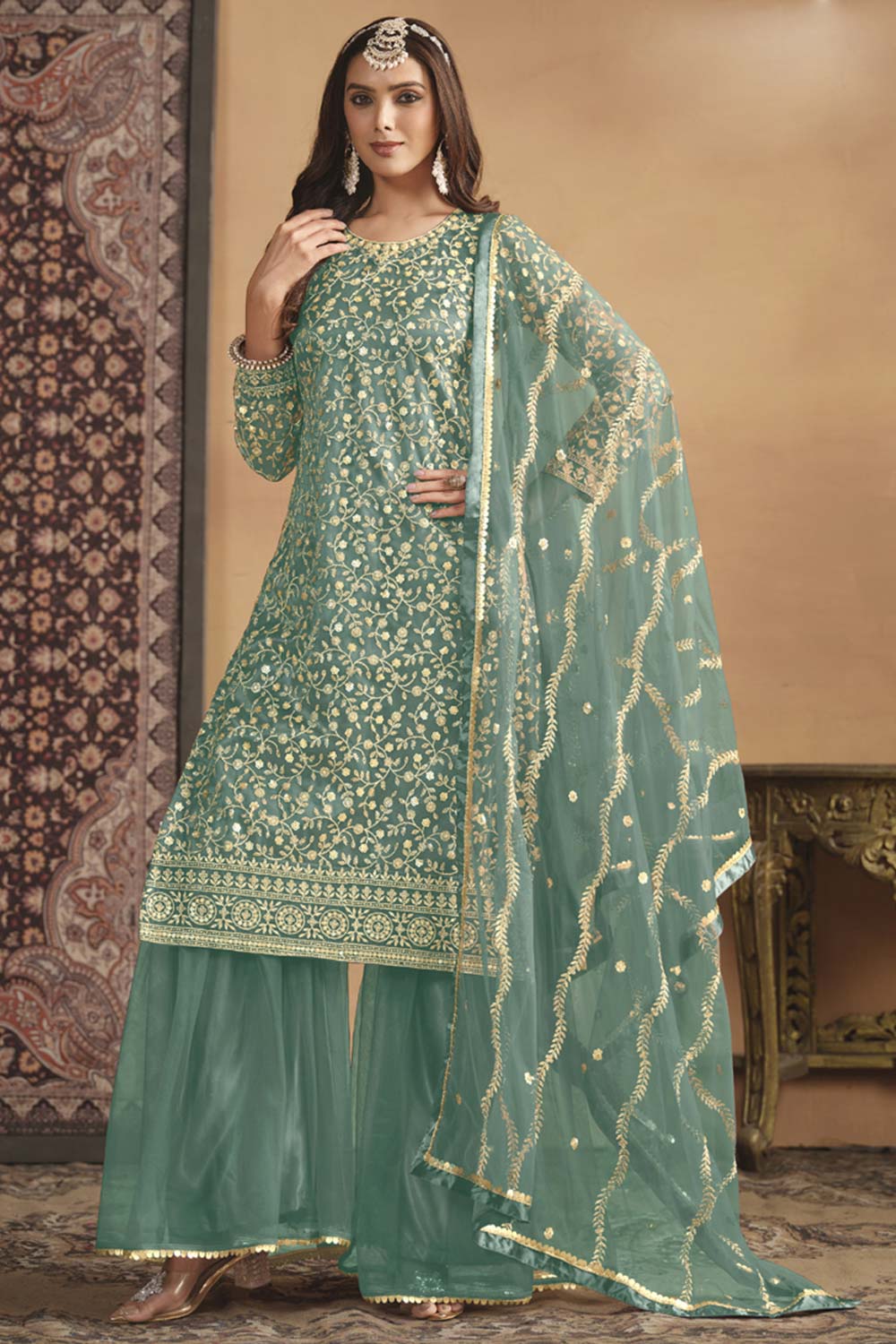 Green Net Embroidered Full Sleeve Round Neck Pakistani Salwar Kameez