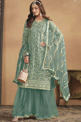 Green Net Embroidered Full Sleeve Round Neck Pakistani Salwar Kameez