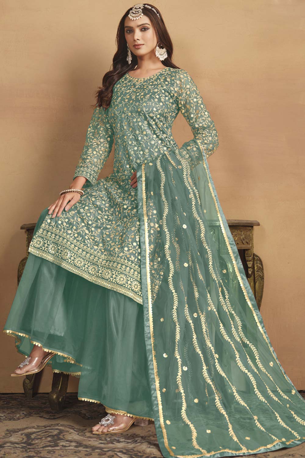 Green Net Embroidered Full Sleeve Round Neck Pakistani Salwar Kameez