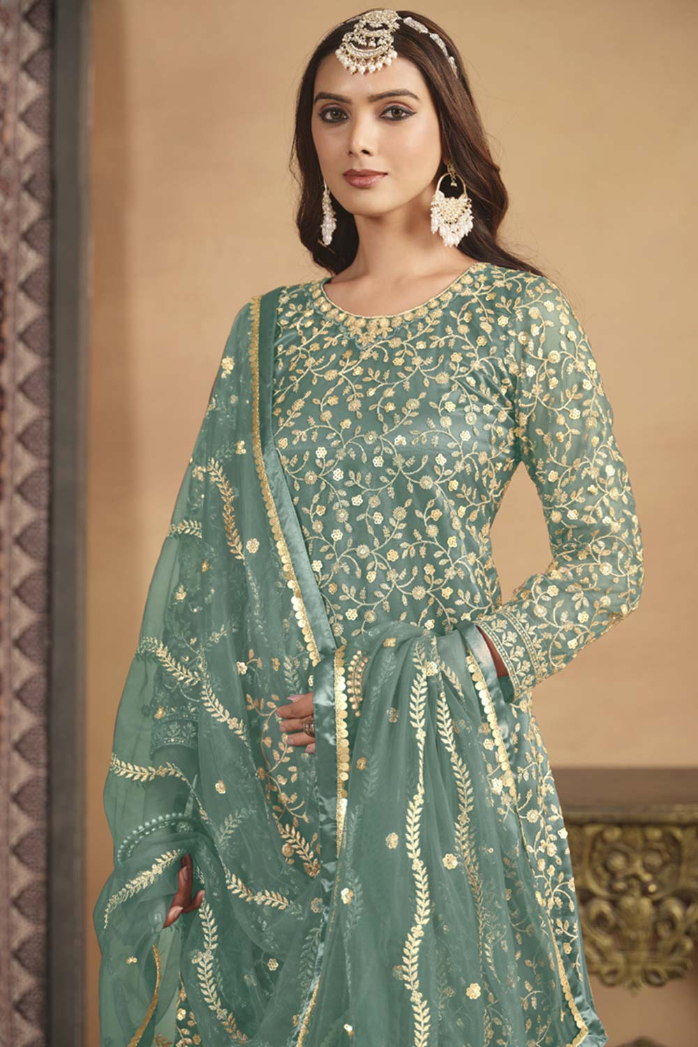 Green Net Embroidered Full Sleeve Round Neck Pakistani Salwar Kameez