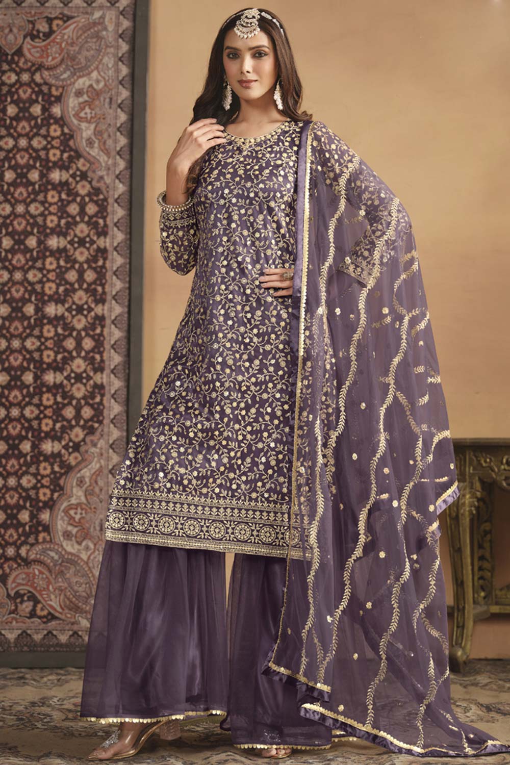 Violet Net Embroidered Full Sleeve Round Neck Pakistani Salwar Kameez