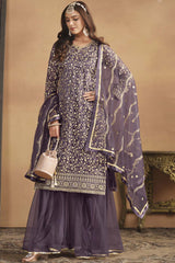 Violet Net Embroidered Full Sleeve Round Neck Pakistani Salwar Kameez