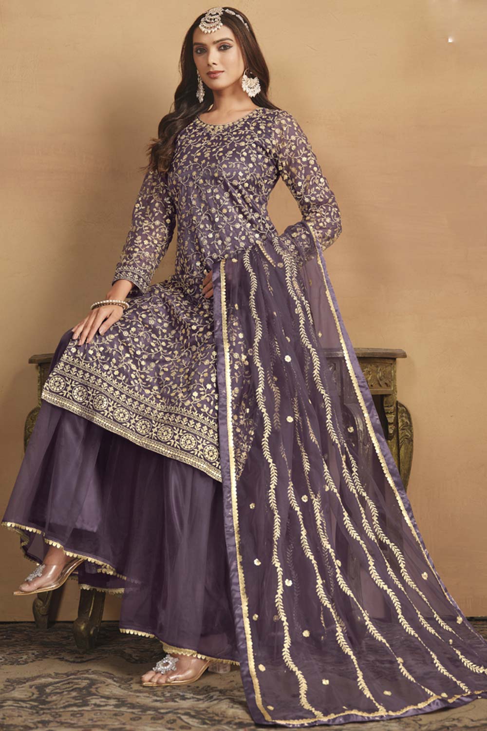 Violet Net Embroidered Full Sleeve Round Neck Pakistani Salwar Kameez