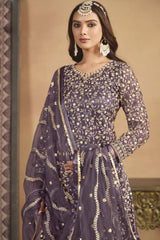 Violet Net Embroidered Full Sleeve Round Neck Pakistani Salwar Kameez