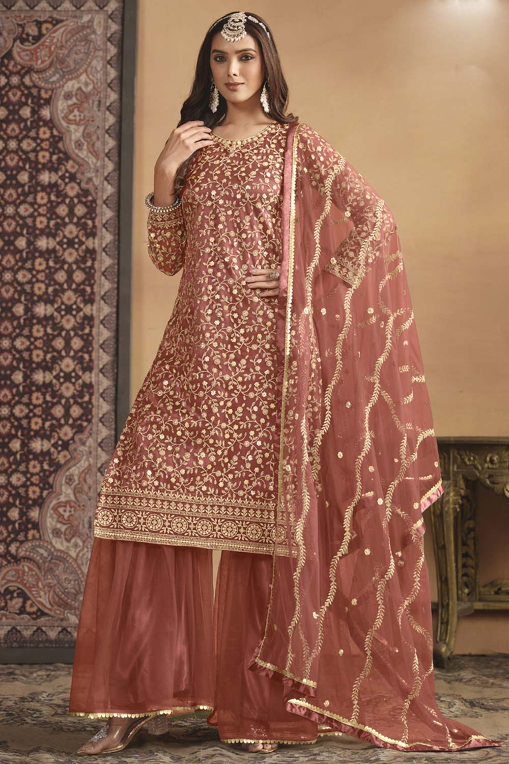 Peach Net Embroidered Full Sleeve Round Neck Pakistani Salwar Kameez