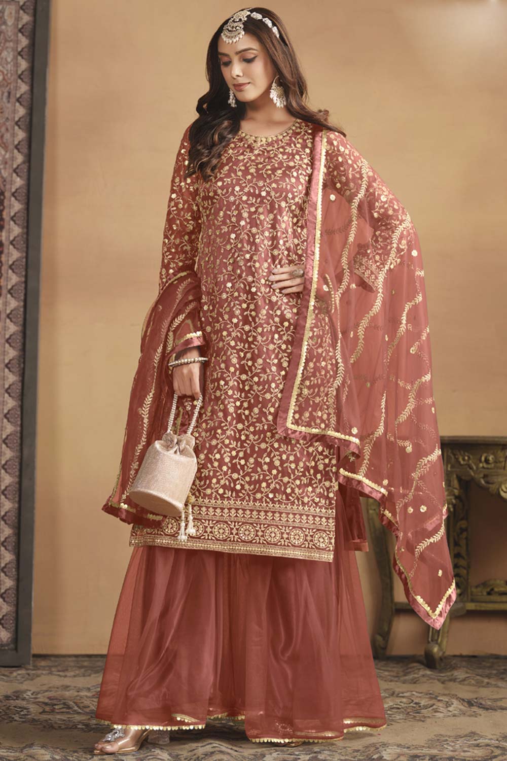 Peach Net Embroidered Full Sleeve Round Neck Pakistani Salwar Kameez