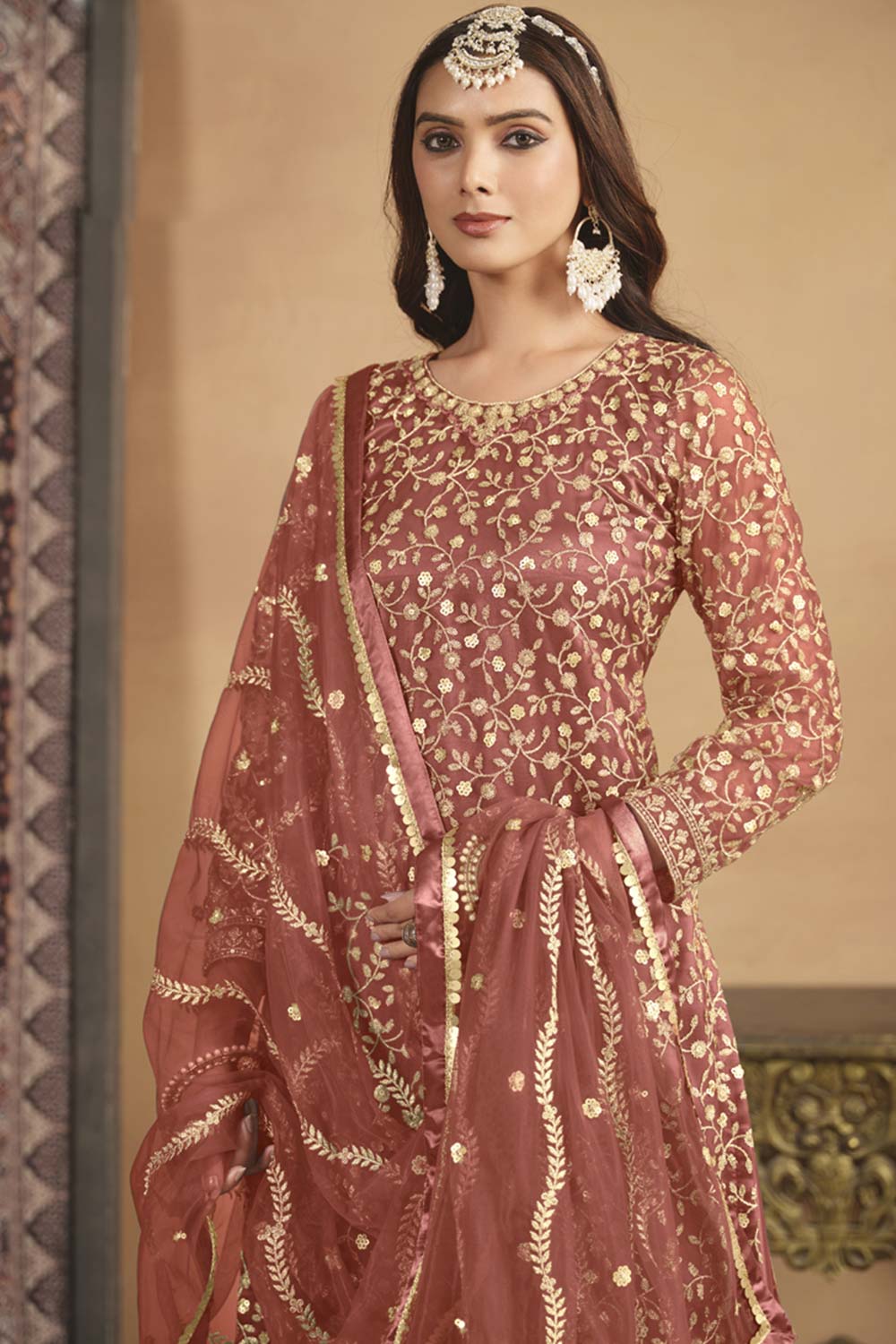 Peach Net Embroidered Full Sleeve Round Neck Pakistani Salwar Kameez