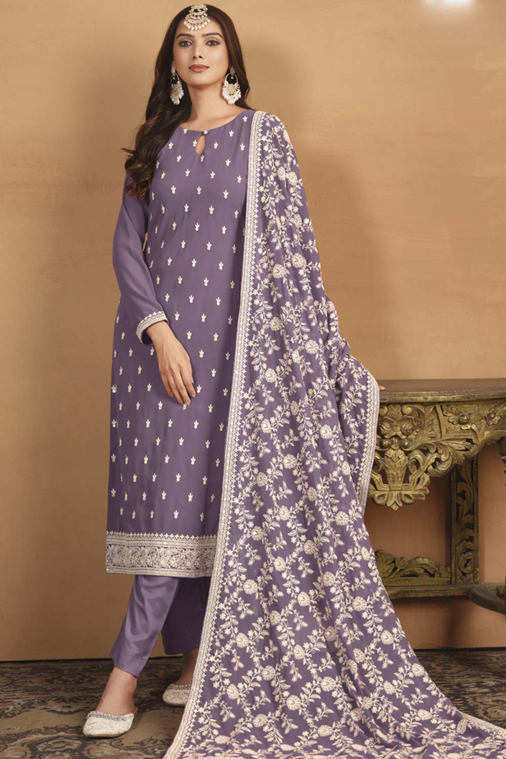 Purple Georgette Embroidered Full Sleeve Round Neck Salwar Kameez