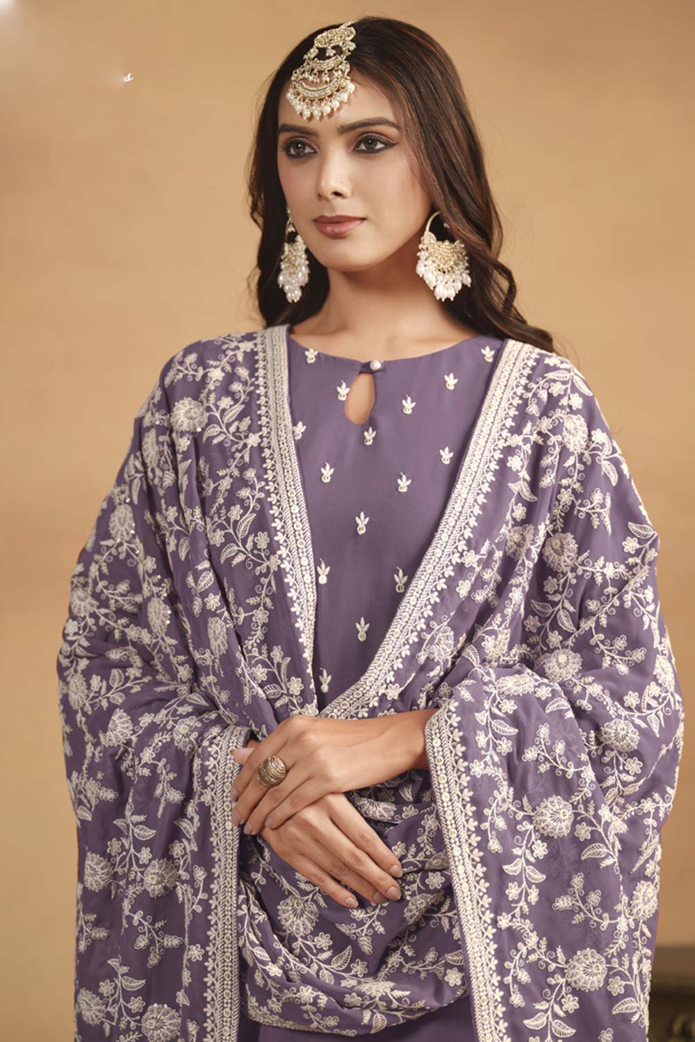 Purple Georgette Embroidered Full Sleeve Round Neck Salwar Kameez