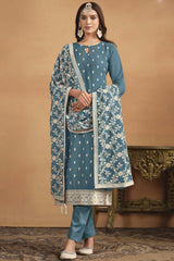 Grey Georgette Embroidered Full Sleeve Round Neck Salwar Kameez