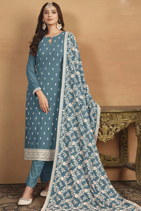 Grey Georgette Embroidered Full Sleeve Round Neck Salwar Kameez