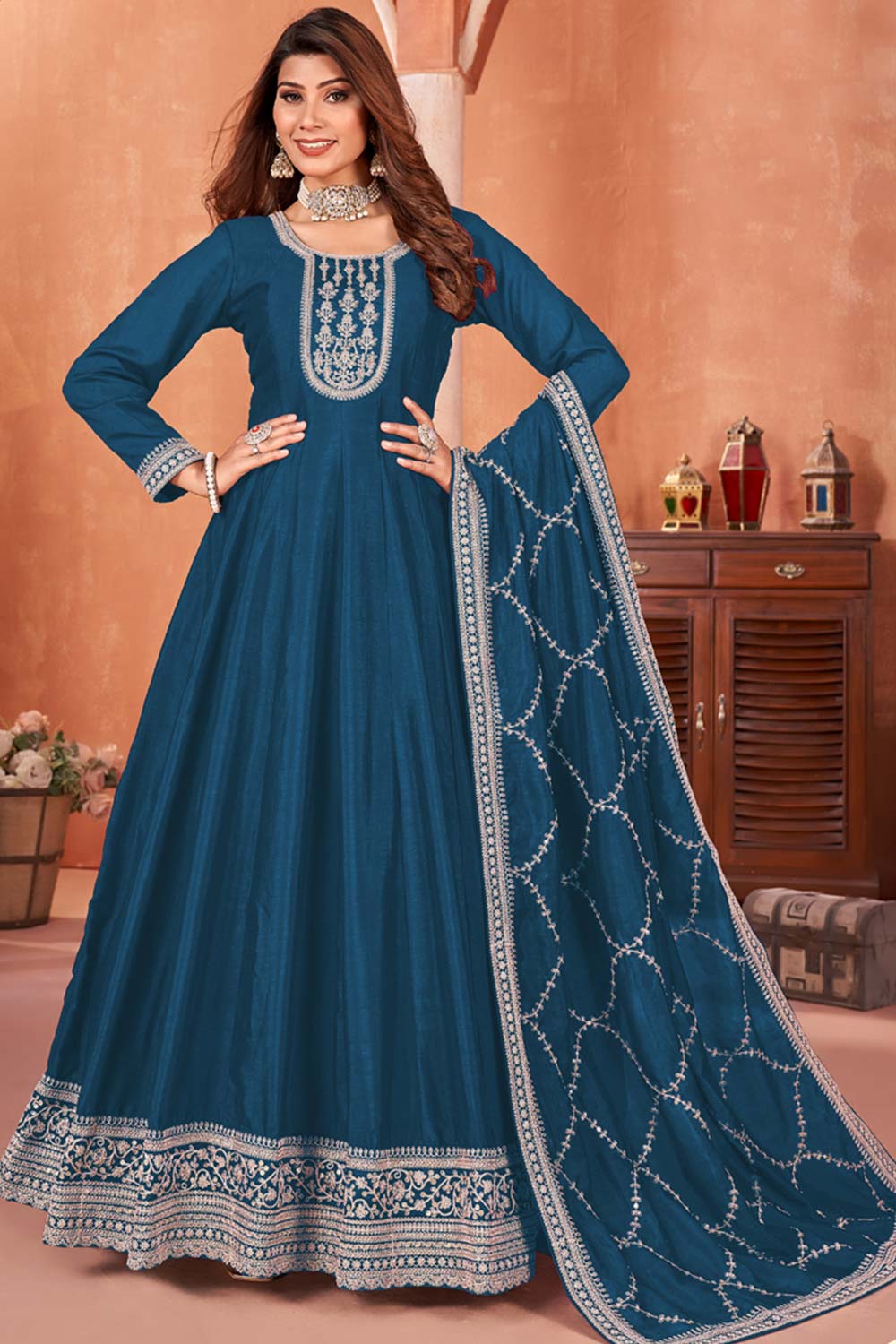 Aqua-Blue Silk Embroidered Full Sleeve Round Neck Anarkali Salwar Kameez