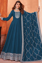 Aqua-Blue Silk Embroidered Full Sleeve Round Neck Anarkali Salwar Kameez