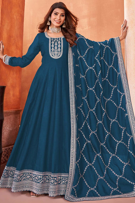 Aqua-Blue Silk Embroidered Full Sleeve Round Neck Anarkali Suit