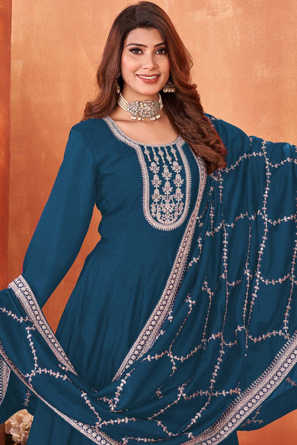 Aqua-Blue Silk Embroidered Full Sleeve Round Neck Anarkali Salwar Kameez