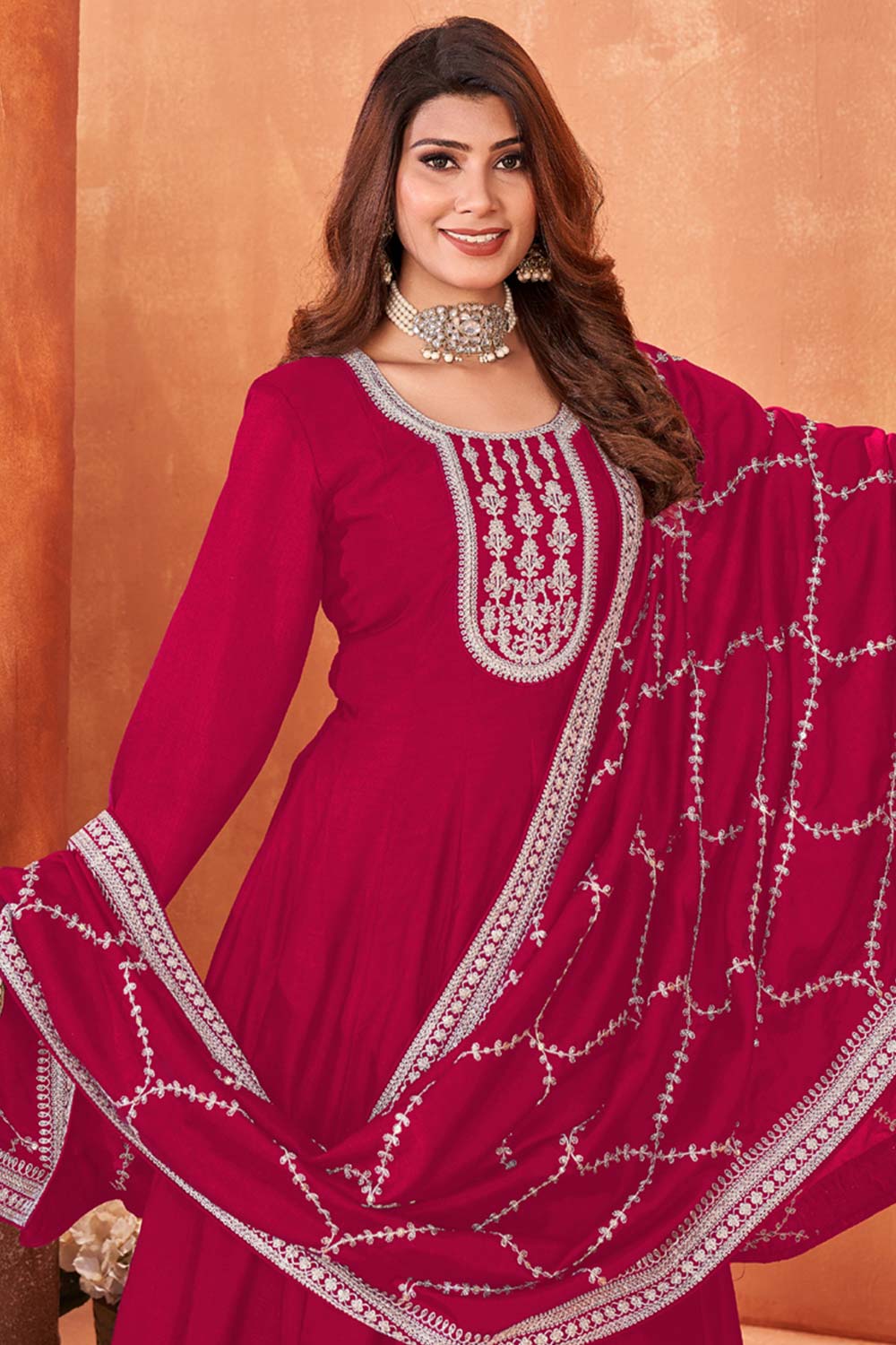 Red Silk Embroidered Full Sleeve Round Neck Anarkali Salwar Kameez